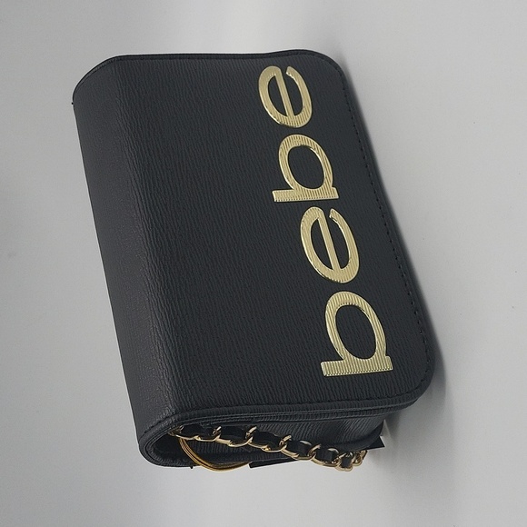 302- bebe Fabiola Saffiano Black Gold Crossbody Purse Mini Shoulder Bag NWT - Picture 1 of 11